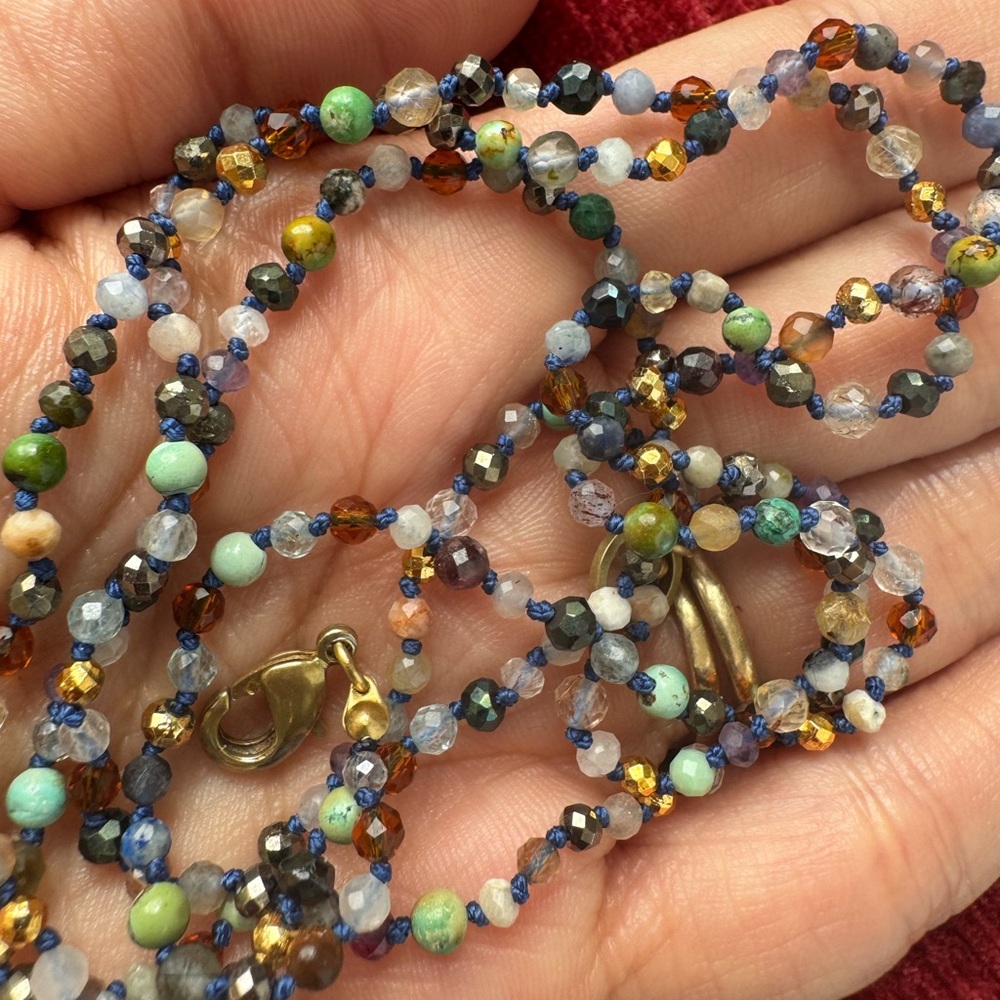 Extra long hand made hand knotted mixed gemstone necklace double layer wrap - Picture 12 of 13